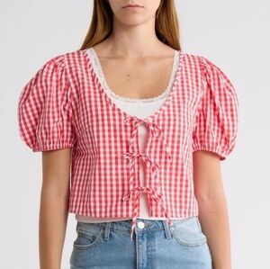 ABOUND Women Red White Tie Front Cotton Poplin Crop Top